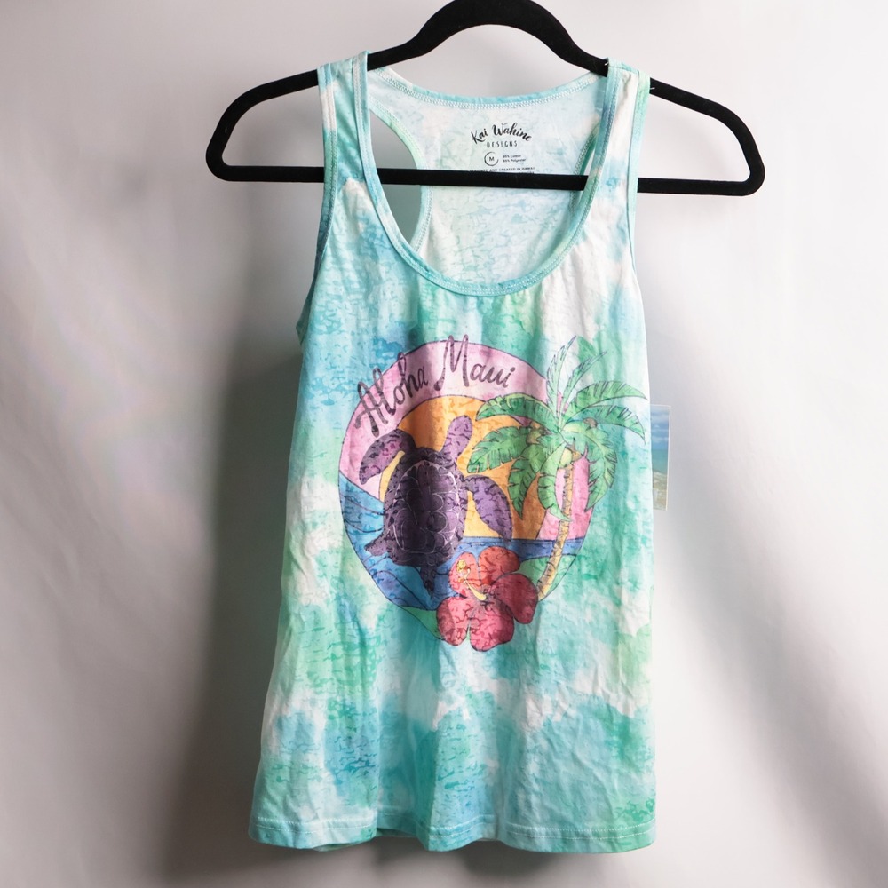 NWT Kai Wahine Blue Hawaii Aloha Maui Tank Top Beach Vacation Tropical Casual M
